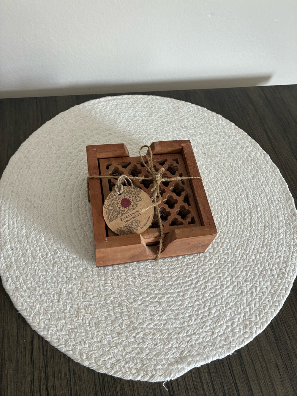 Wood Coasters With Holder Set of 4 Handcrafted Pattern  Cottage Core